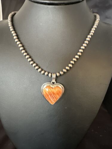 Navajo Orange Heart Spiny Oyster Pendant | Sterling Silver Necklace | Authentic Native American Handmade | 15006
