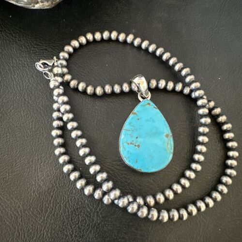 Blue Kingman Turquoise Pendant | Navajo Pearls | Sterling Silver Necklace 20" | 16672