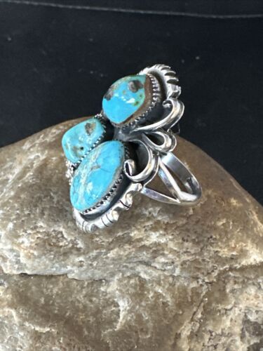 Navajo Blue Turquoise Cluster Ring | Authentic Native American Sterling Silver | Multi-Stone | Sz 8.5 | 14838