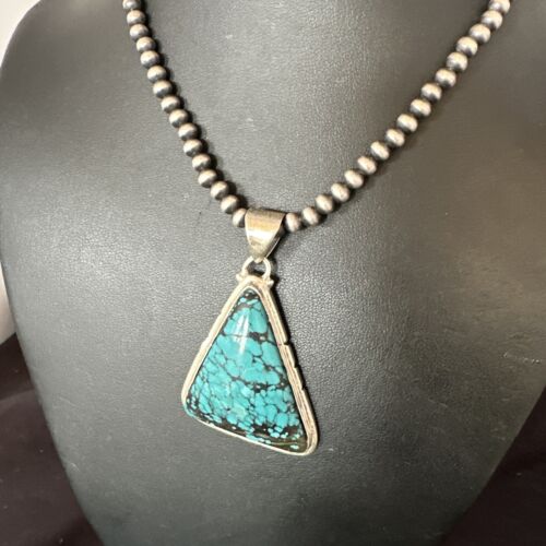 Men's Navajo Blue Spiderweb Turquoise Pendant Necklace | Sterling Silver | Authentic Native American Handmade | 16214