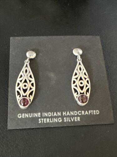 Navajo Burgundy Carnelian Dangle Earrings | Sterling Silver | Authentic Native American Handmade | 14926