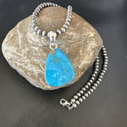 Navajo Blue Kingman Turquoise Pendant Necklace | Sterling Silver | 20" | Authentic Native American Handmade | 16671