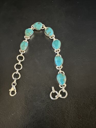 Navajo Blue Turquoise Link Bracelet | Sterling Silver | 8" | Authentic Native American Handmade | 15475