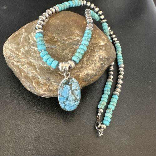 Navajo Men's Blue Spiderweb Turquoise Pendant Necklace | Sterling Silver | Authentic Native American Handmade | 17115 - Masha USA