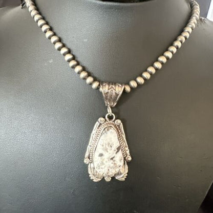 Navajo White Buffalo Turquoise Pendant Necklace | Sterling Silver | Authentic Native American Handmade | 17520