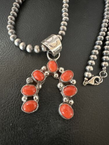 Navajo Horseshoe Naja Red Coral Pendant Necklace | Sterling Silver | Authentic Native American Handmade | 15754