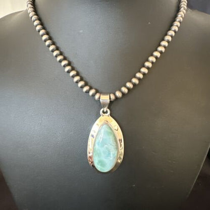 Navajo Blue Larimar Pendant Necklace | Sterling Silver Beads | Authentic Native American Handmade | 16485