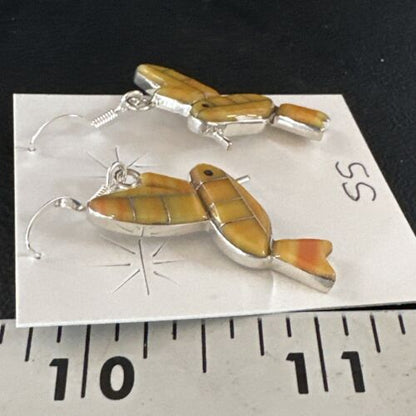 Navajo Orange Spiny Oyster Hummingbird Dangle Earrings | Sterling Silver | Authentic Native American Handmade | 15089