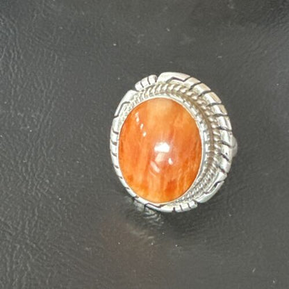 Navajo Orange Spiny Oyster Ring | Sterling Silver | Sz 7.5 | Authentic Native American Handmade | 16029