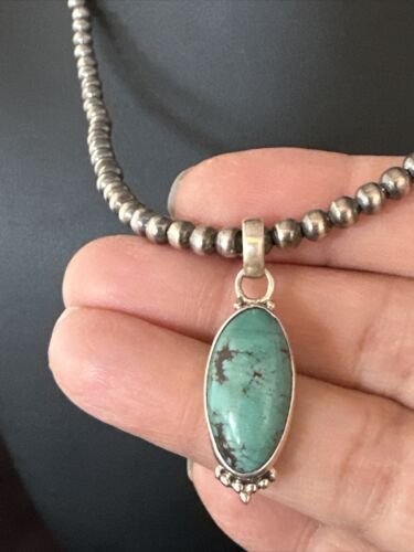 Navajo Pearls Kingman Turquoise Pendant Necklace | Sterling Silver | Authentic Native American Handmade | 14896