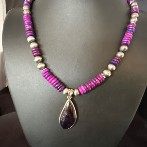 Navajo Pearls Purple Sugilite Pendant Necklace | Sterling Silver Beads | Authentic Native American Handmade | 15373