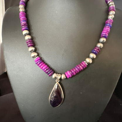 Navajo Pearls Purple Sugilite Pendant Necklace | Sterling Silver Beads | Authentic Native American Handmade | 15373