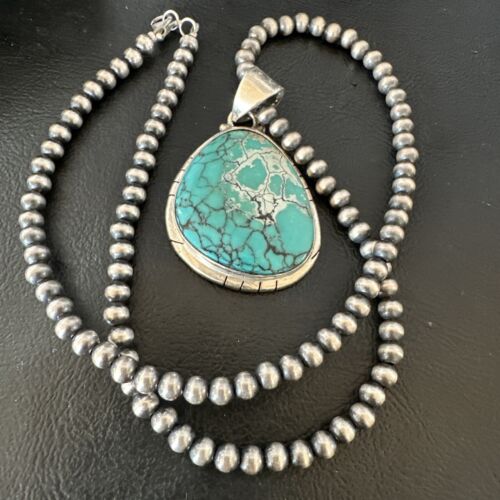 Men's Navajo Blue Spiderweb Turquoise Pendant Necklace | Sterling Silver | Authentic Native American Handmade | 16203