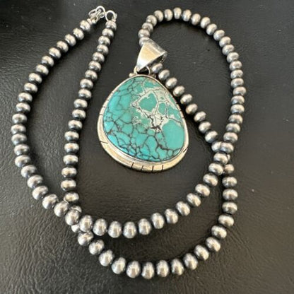 Men's Navajo Blue Spiderweb Turquoise Pendant Necklace | Sterling Silver | Authentic Native American Handmade | 16203