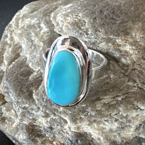 Navajo Sterling Silver Blue Kingman Turquoise Ring | Sz 8.5 | Authentic Native American Handmade | 16594
