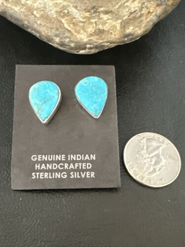Navajo Blue Kingman Turquoise Post Stud Earrings | Sterling Silver | Authentic Native American Handmade | 17408