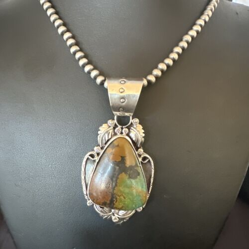 Men's Navajo Green Turquoise Pendant Necklace | Sterling Silver | Authentic Native American Handmade | 17532