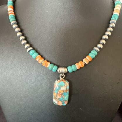 Navajo Spiny Turquoise Pendant Necklace | Sterling Silver | 21" | Authentic Native American Handmade | 17515