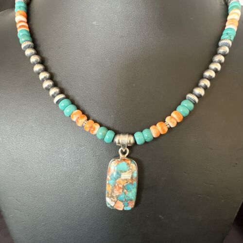 Navajo Spiny Turquoise Pendant Necklace | Sterling Silver | 21" | Authentic Native American Handmade | 17515