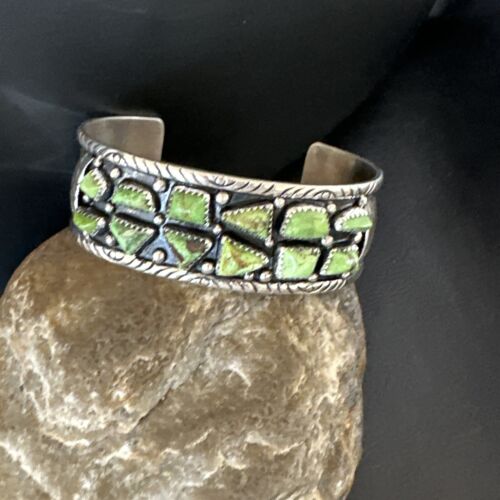 Navajo Green Gaspeite Cluster Cuff Bracelet | Sterling Silver | Authentic Native American Handmade | 16377