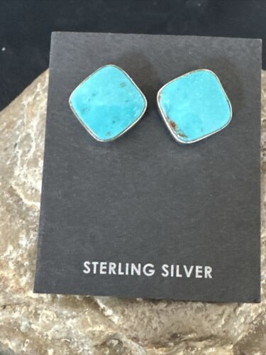 Navajo Blue Kingman Turquoise Post Stud Earrings | Sterling Silver | Authentic Native American Handmade | 17409