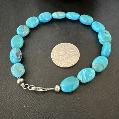 Women's Blue Turquoise Bead Bracelet | Southwestern Sterling Silver Link | 9" | 17229