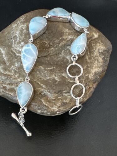 Navajo Blue Larimar Bracelet | Sterling Silver Link | 8" | Authentic Native American Handmade | 16082