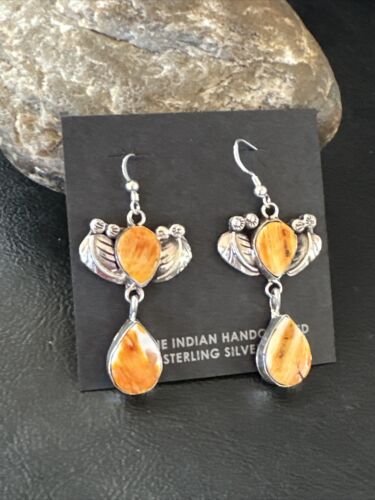 Navajo Orange Spiny Oyster Dangle Earrings | Sterling Silver | 1.5" | Authentic Native American Handmade | 16576