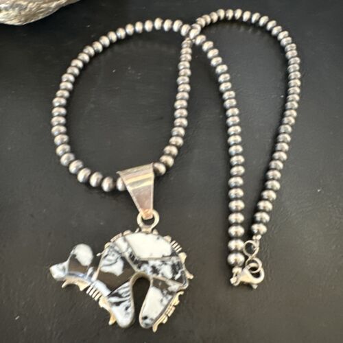 Navajo White Buffalo Turquoise Bear Inlay Pendant Necklace | Sterling Silver | Native American Handmade | 15248