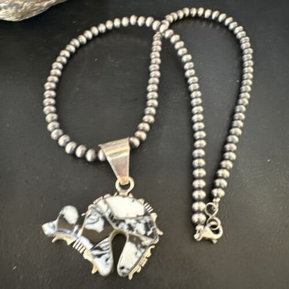 Navajo White Buffalo Turquoise Bear Inlay Pendant Necklace | Sterling Silver | Native American Handmade | 15248