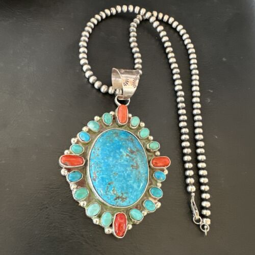 Navajo Red Spiny oyster | Blue Turquoise Pendant Necklace | Sterling Silver | Multi-Stone | 17148