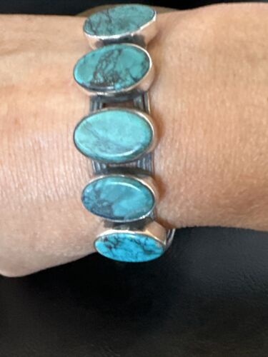 Women's Blue Turquoise 5-Stone Cuff Bracelet | Navajo Sterling Silver | Authentic Native American Jewelry | 16165