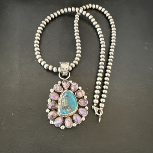 Purple Charoite Turquoise Pendant | Navajo Pearls | Sterling Silver Necklace 21" | Multi-Stone 17190