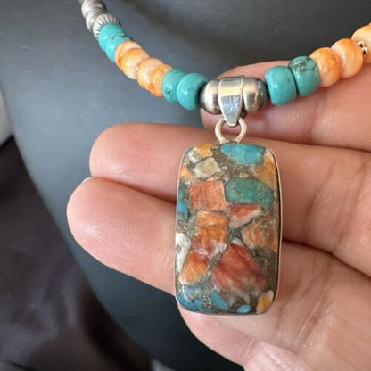 Navajo Spiny Turquoise Pendant Necklace | Sterling Silver | 21" | Authentic Native American Handmade | 17513
