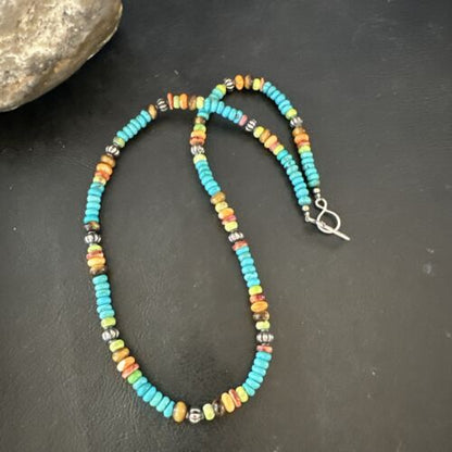 Navajo Blue Turquoise Spiny Oyster Necklace | Sterling Silver | 19" | Authentic Native American Handmade | 17490