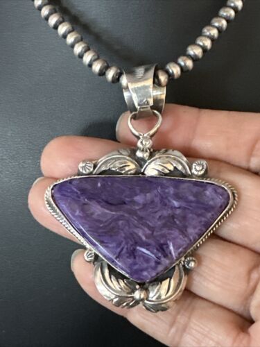 Navajo Pearls Necklace with Purple Charoite Pendant | Sterling Silver | Authentic Native American Handmade | 14883