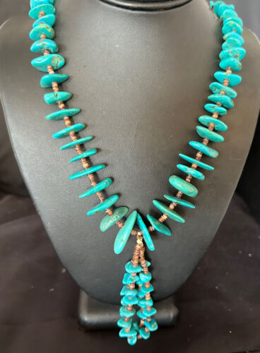 Santo Domingo Spiny Blue Kingman Turquoise Shell Jacla Necklace | 29" | Authentic Native American Handmade | 16000