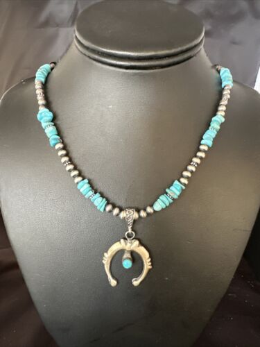 Navajo Kingman Turquoise Naja Pendant Necklace | Sterling Silver | Native American Handmade | 14834