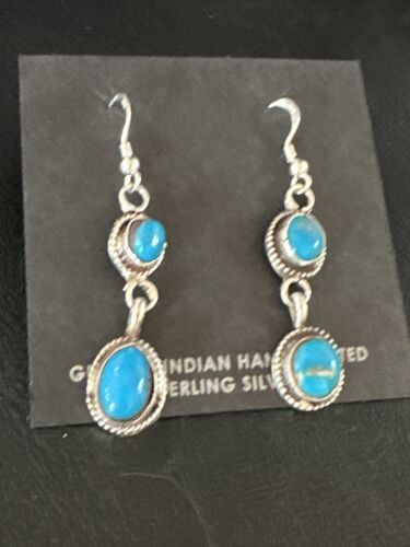 Kingman Turquoise Dangle Earrings | Navajo Sterling Silver | Authentic Native American Handmade | 14870