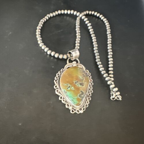 Navajo Mint Green Turquoise Pendant Necklace | Sterling Silver | Authentic Native American Handmade | 15034