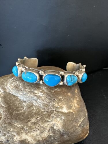 Navajo Blue Kingman Turquoise Cuff Bracelet | Sterling Silver | 5 Stone | Authentic Native American Handmade | 15988