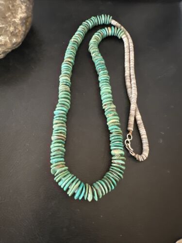 Santo Domingo Green Turquoise Shell Necklace | Sterling Silver | 30" | Authentic Native American Handmade | 17451