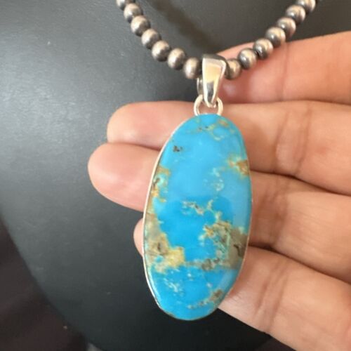Navajo Blue Kingman Turquoise Pendant Necklace | Sterling Silver Pearls | 20" | 16685