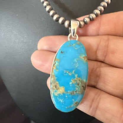 Navajo Blue Kingman Turquoise Pendant Necklace | Sterling Silver Pearls | 20" | 16685