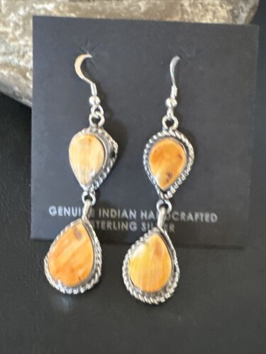 Navajo Orange Spiny Oyster Dangle Earrings | Sterling Silver | 1.5" | Authentic Native American Handmade | 16575