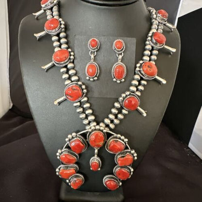 Red Coral Naja Pendant | Sterling Silver Squash Blossom Necklace & Earrings | Native American | 17048
