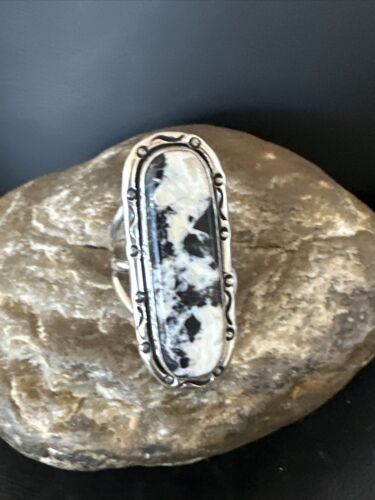White Buffalo Turquoise Navajo Ring | Sterling Silver | Sz 9 | Authentic Native American Handmade | 16387