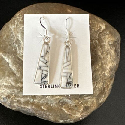 White Buffalo Turquoise Inlay Earrings | Navajo Sterling Silver | Authentic Native American Handmade | 15702