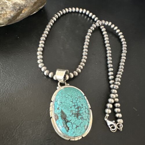 Men's Navajo Blue Spiderweb Turquoise Pendant Necklace | Sterling Silver | Authentic Native American Handmade | 16200