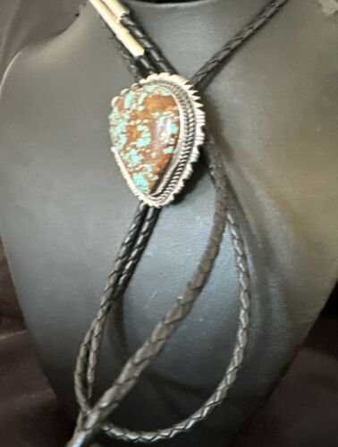 Men's Blue Turquoise #8 Bolo Tie | Navajo Sterling Silver | Authentic Native American Handmade | 16811